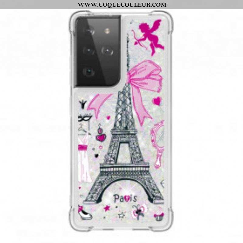 Coque Samsung Galaxy S21 Ultra 5G La Tour Eiffel Paillettes