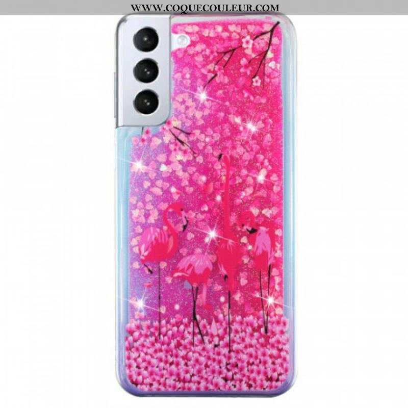 Coque Samsung Galaxy S22 5G Paillettes Flamants Roses