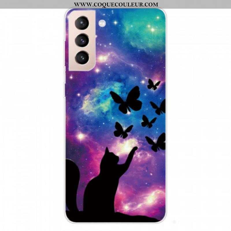 Coque Samsung Galaxy S22 5G Chat et Papillons Dans l'Espace