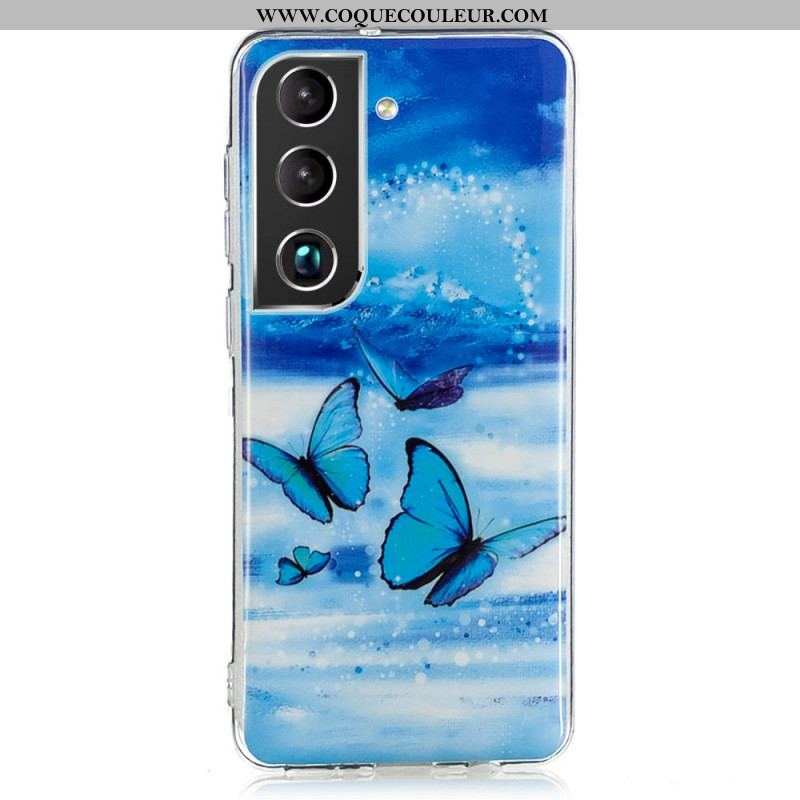 Coque Samsung Galaxy S22 5G Papillons Bleus Fluorescente