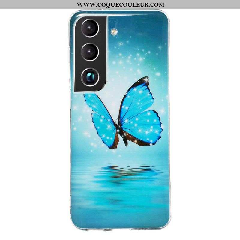 Coque Samsung Galaxy S22 Plus 5G Papillons Bleus Fluorescente