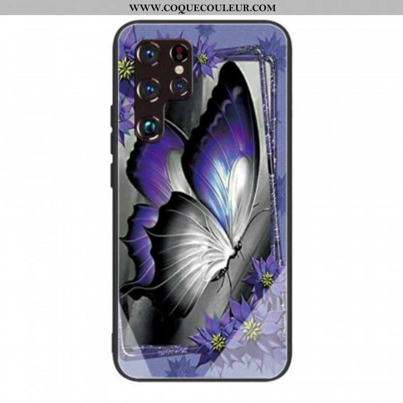 Coque Samsung Galaxy S22 Ultra 5G Verre Trempé Papillon Violet