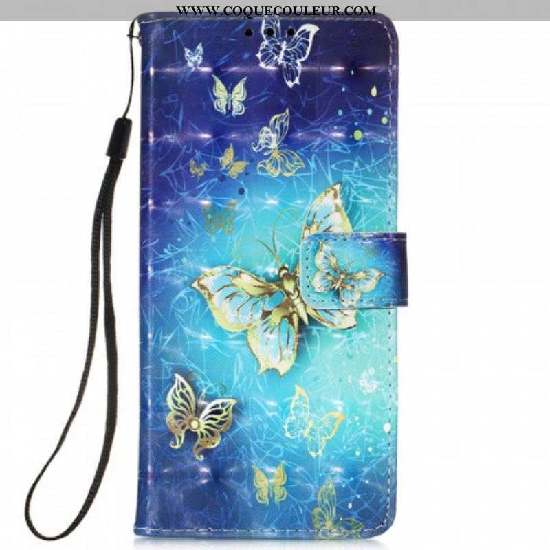 Housse Samsung Galaxy S22 Ultra 5G Papillons Dorés Lanière