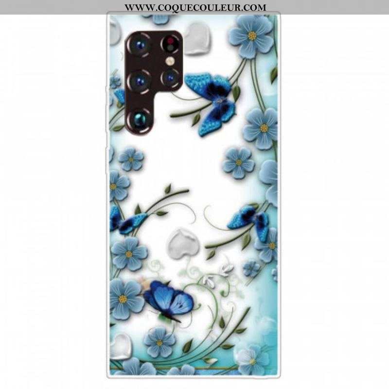 Coque Samsung Galaxy S22 Ultra 5G Papillons et Fleurs Rétros