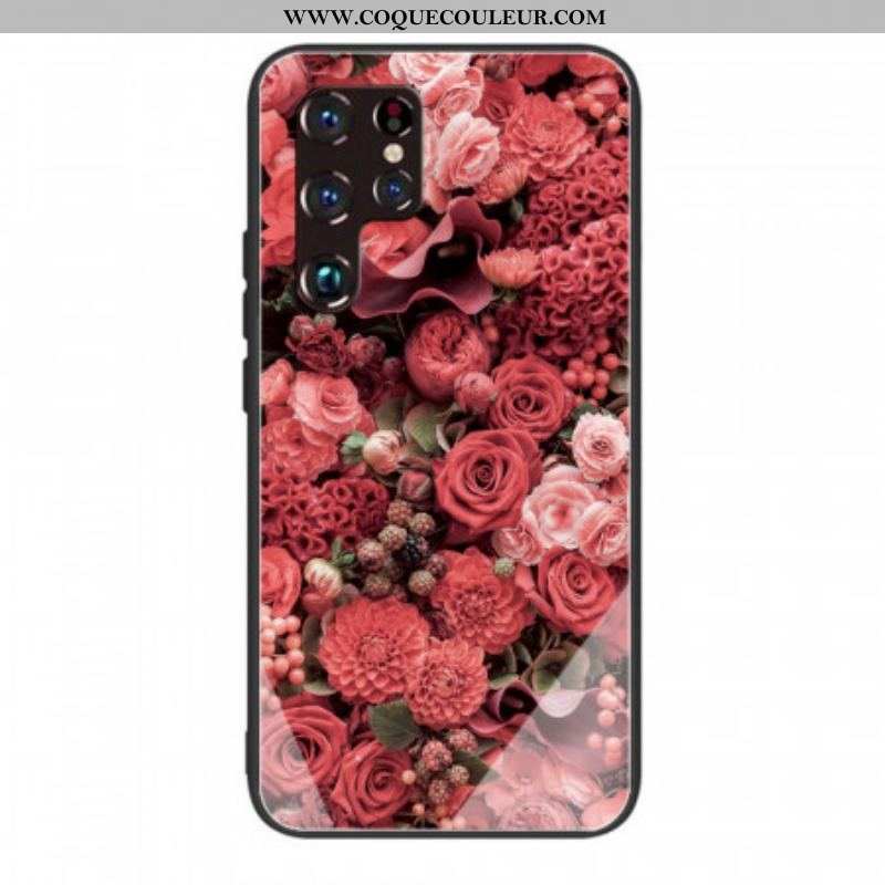 Coque Samsung Galaxy S22 Ultra 5G Verre trempé Fleurs Roses