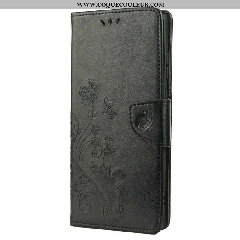 Housse Samsung Galaxy S22 Ultra 5G Papillons Et Fleurs avec Lanière