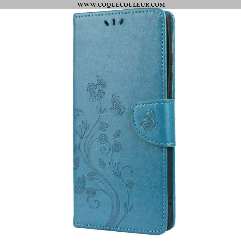 Housse Samsung Galaxy S22 Ultra 5G Papillons Et Fleurs avec Lanière