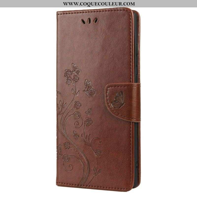 Housse Samsung Galaxy S22 Ultra 5G Papillons Et Fleurs avec Lanière
