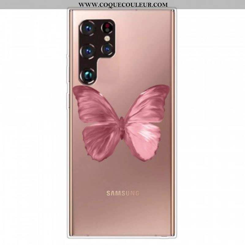 Coque Samsung Galaxy S22 Ultra 5G Flexible Papillon Rose