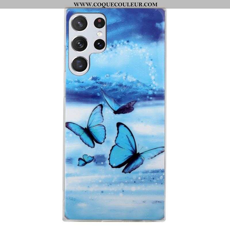 Coque Samsung Galaxy S22 Ultra 5G Papillons Bleus Fluorescente