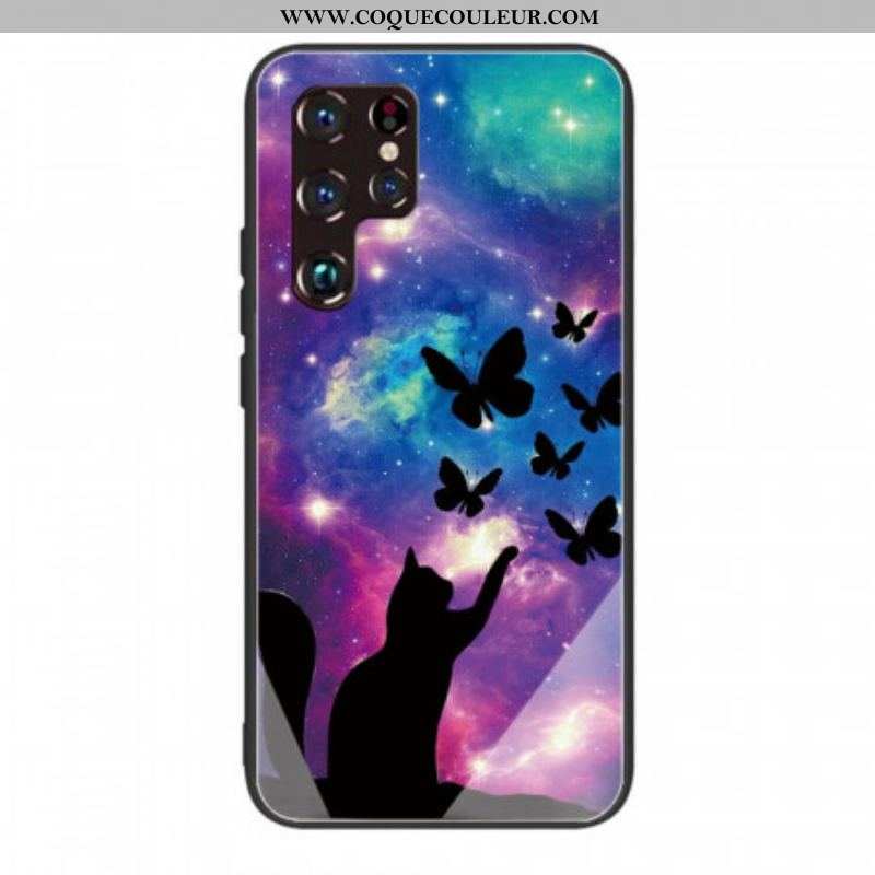 Coque Samsung Galaxy S22 Ultra 5G Verre Trempé Chat et Papillons Dans l'Espace