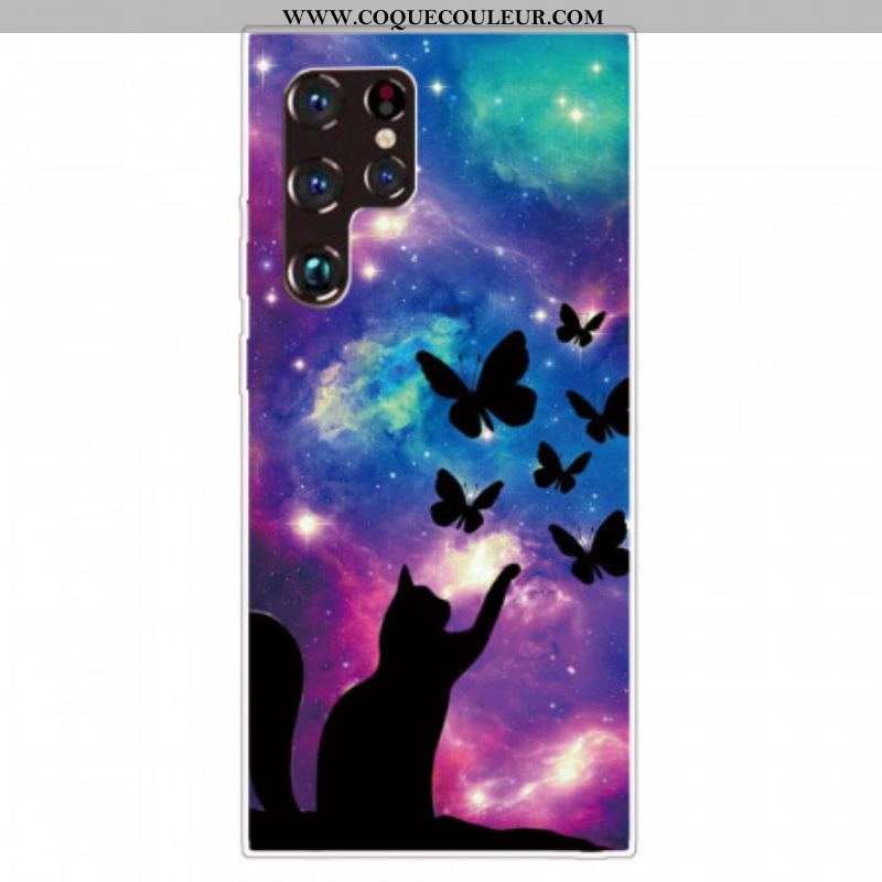 Coque Samsung Galaxy S22 Ultra 5G Chat et Papillons Dans l'Espace