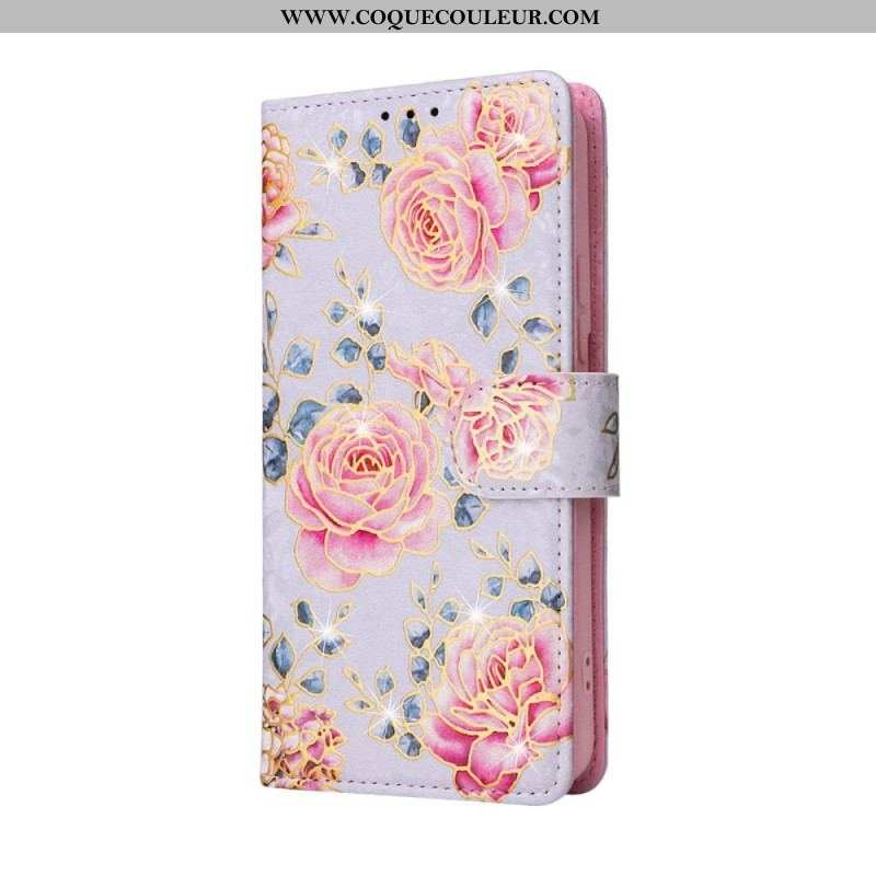 Housse Samsung Galaxy S23 5G Fleurs RFID avec Lanière