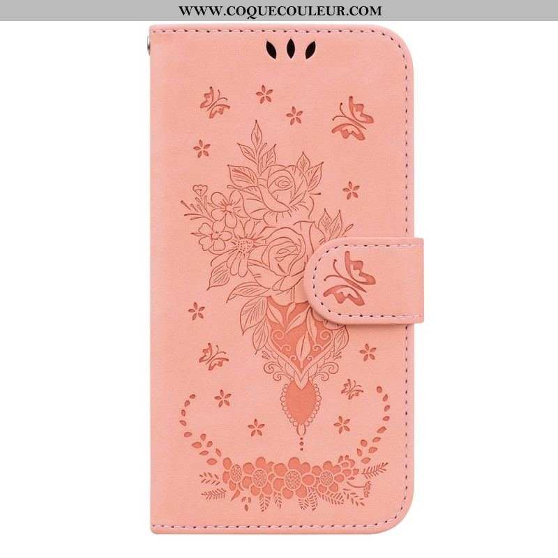 Housse Samsung Galaxy S23 5G Roses et Papillons à Lanière