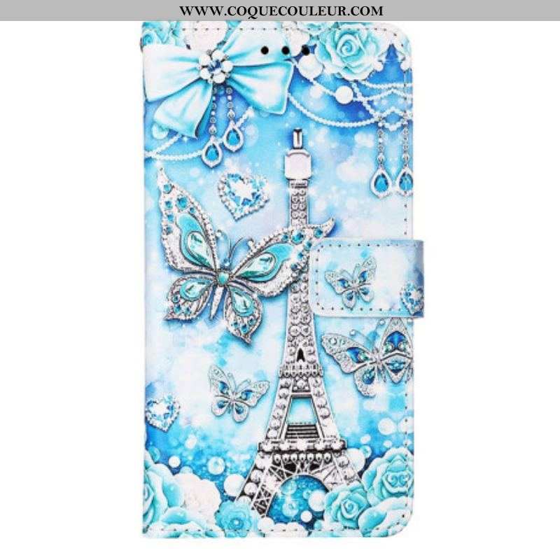 Housse Samsung Galaxy S23 Ultra 5G Tour Eiffel Papillons à Lanière