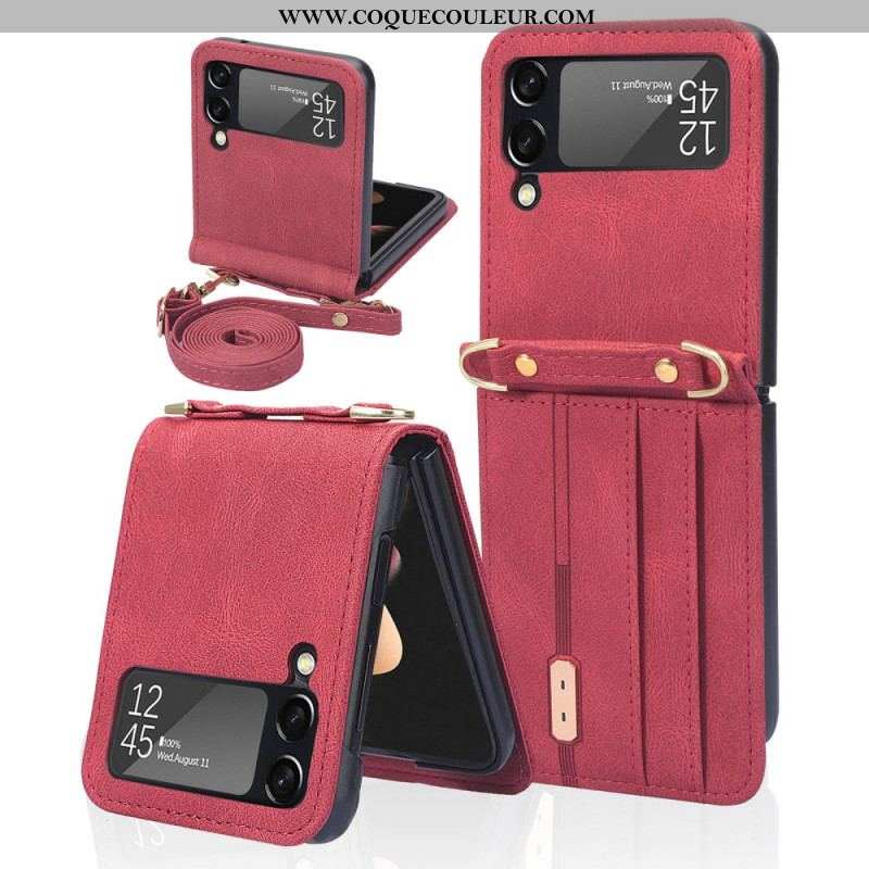 Coque Samsung Galaxy Z Flip 3 5G Style Cuir Porte-Cartes et Lanière
