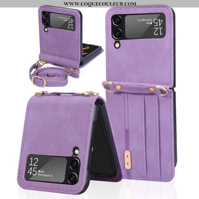 Coque Samsung Galaxy Z Flip 3 5G Style Cuir Porte-Cartes et Lanière