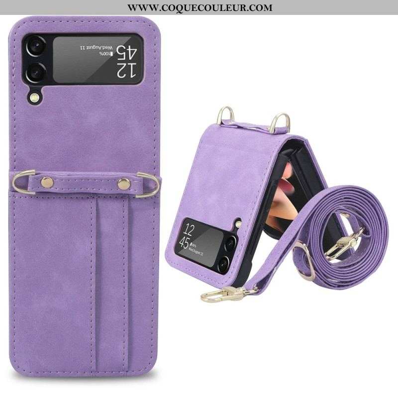 Coque Samsung Galaxy Z Flip 4 Style Cuir Porte-Cartes et Lanière