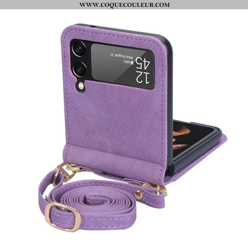 Coque Samsung Galaxy Z Flip 4 Effet Cuir Couture et bandoulière