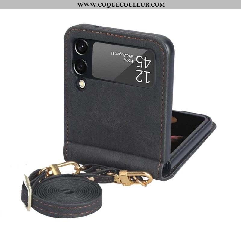 Coque Samsung Galaxy Z Flip 4 Effet Cuir Couture et bandoulière