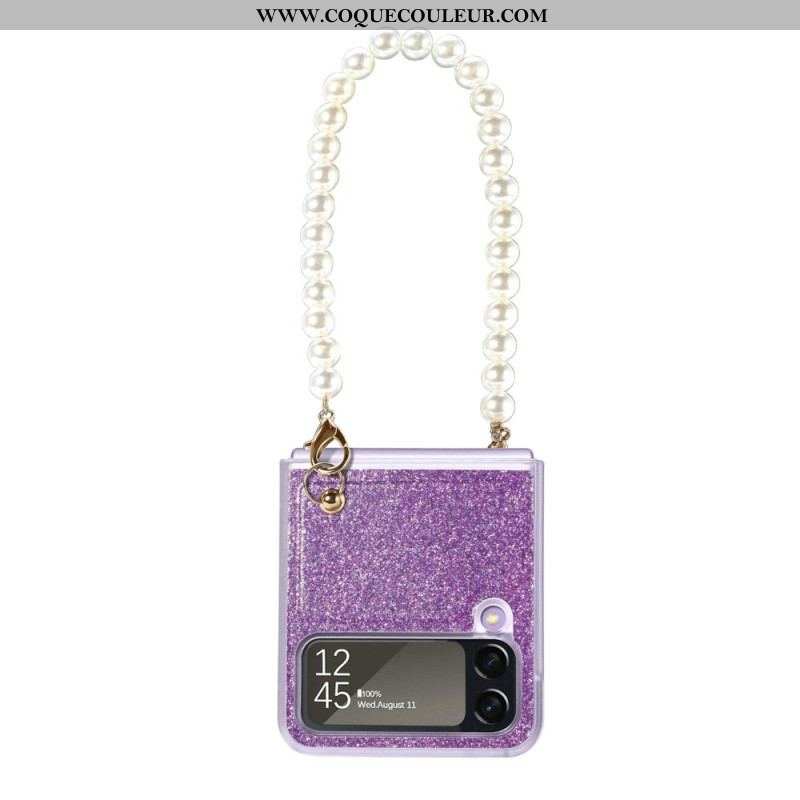 Coque Samsung Galaxy Z Flip 4 Paillettes Lanière en Perles