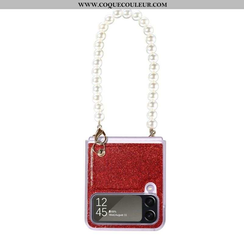 Coque Samsung Galaxy Z Flip 4 Paillettes Lanière en Perles