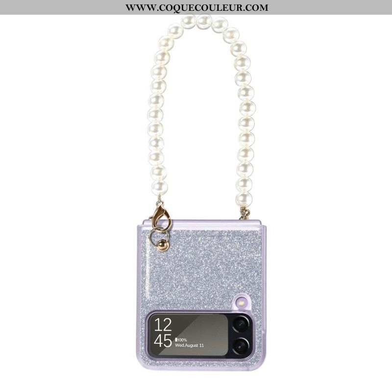 Coque Samsung Galaxy Z Flip 4 Paillettes Lanière en Perles