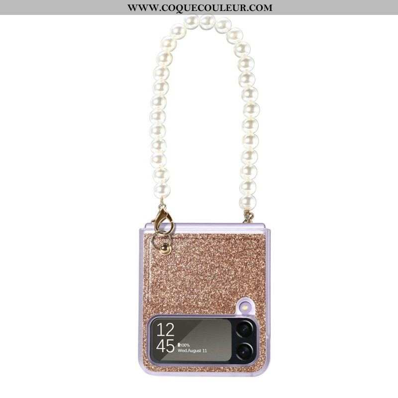 Coque Samsung Galaxy Z Flip 4 Paillettes Lanière en Perles