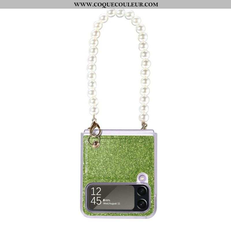 Coque Samsung Galaxy Z Flip 4 Paillettes Lanière en Perles