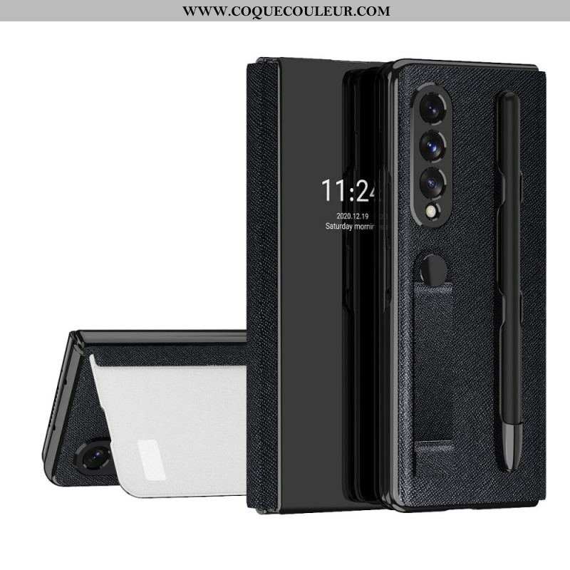 Flip Cover Samsung Galaxy Z Fold 3 5G Miroir Porte-Stylet et Sangle