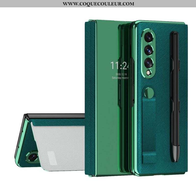 Flip Cover Samsung Galaxy Z Fold 3 5G Miroir Porte-Stylet et Sangle