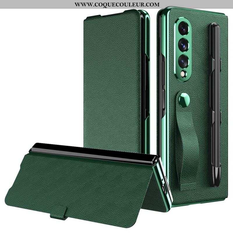 Flip Cover Samsung Galaxy Z Fold 3 5G Style Cuir Litchi Porte-Stylet et Sangle