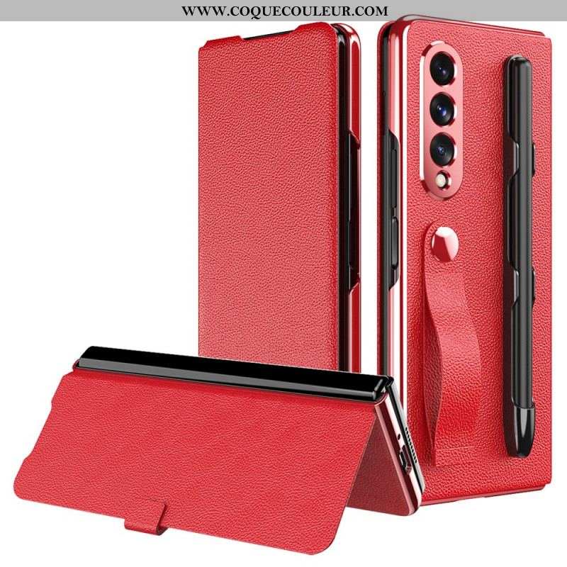 Flip Cover Samsung Galaxy Z Fold 3 5G Style Cuir Litchi Porte-Stylet et Sangle