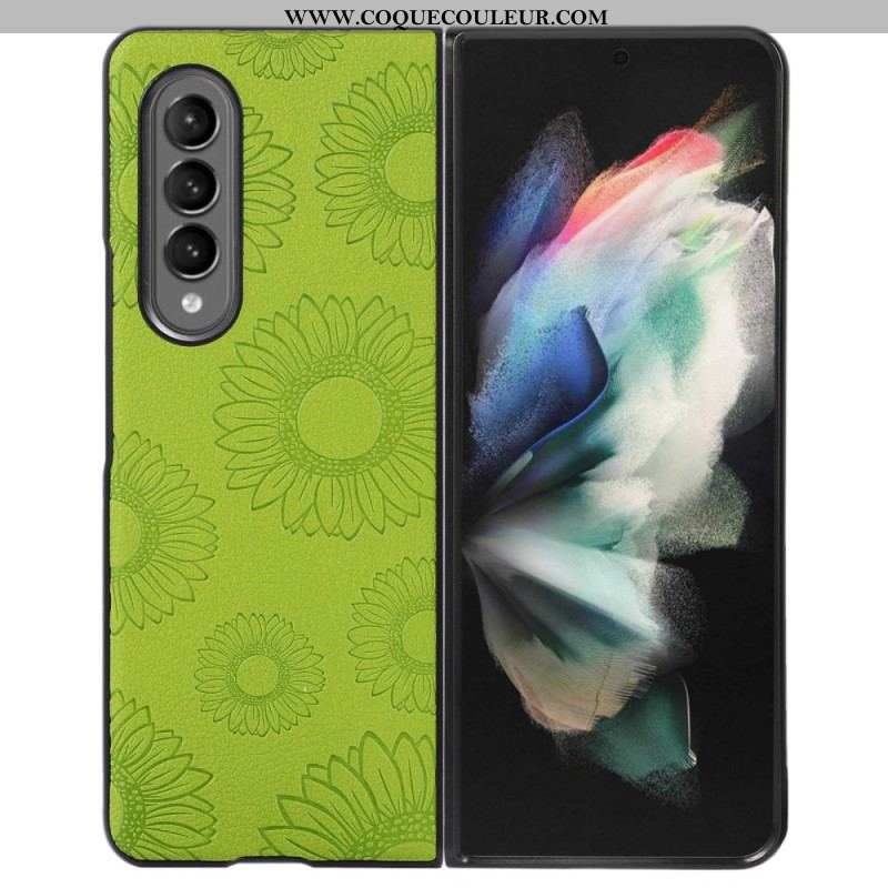 Coque Samsung Galaxy Z Fold 4 Simili Cuir Enduit Motif Tournesols