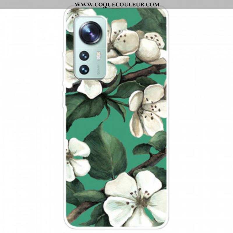 Coque Xiaomi 12 Pro Silicone Fleurs Blanches