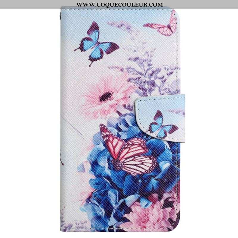 Housse Xiaomi 12T / 12T Pro Papillons aux Fleurs avec Lanière