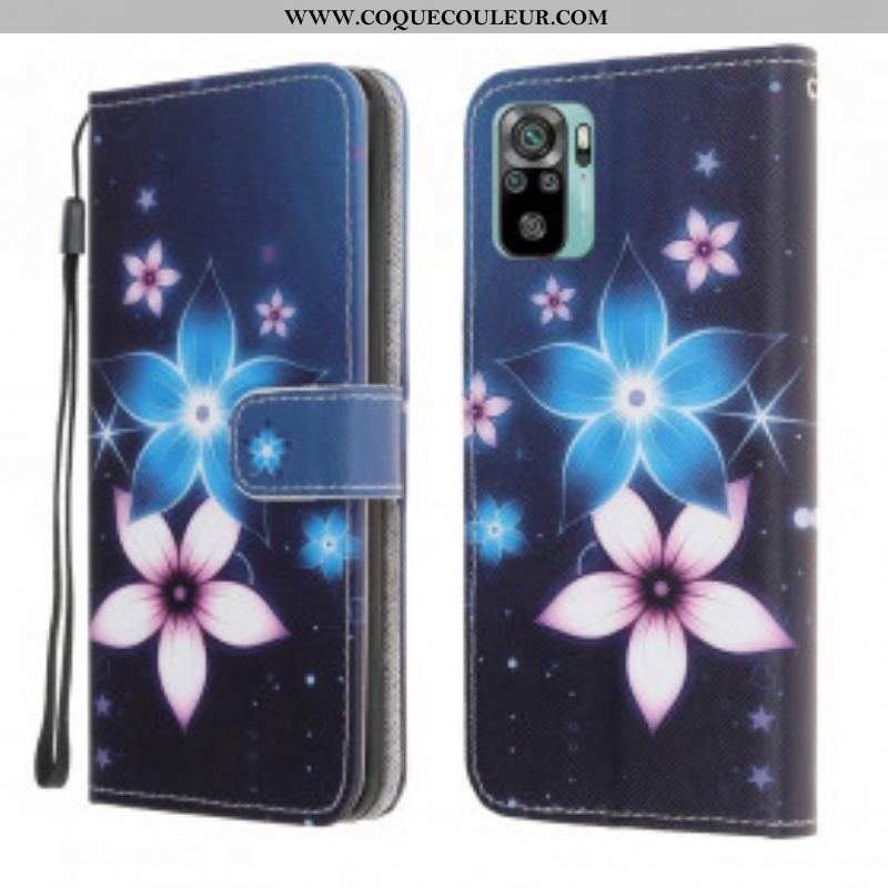 Housse Xiaomi Redmi Note 10/10S/Poco M5s Fleurs Lunaires à Lanière