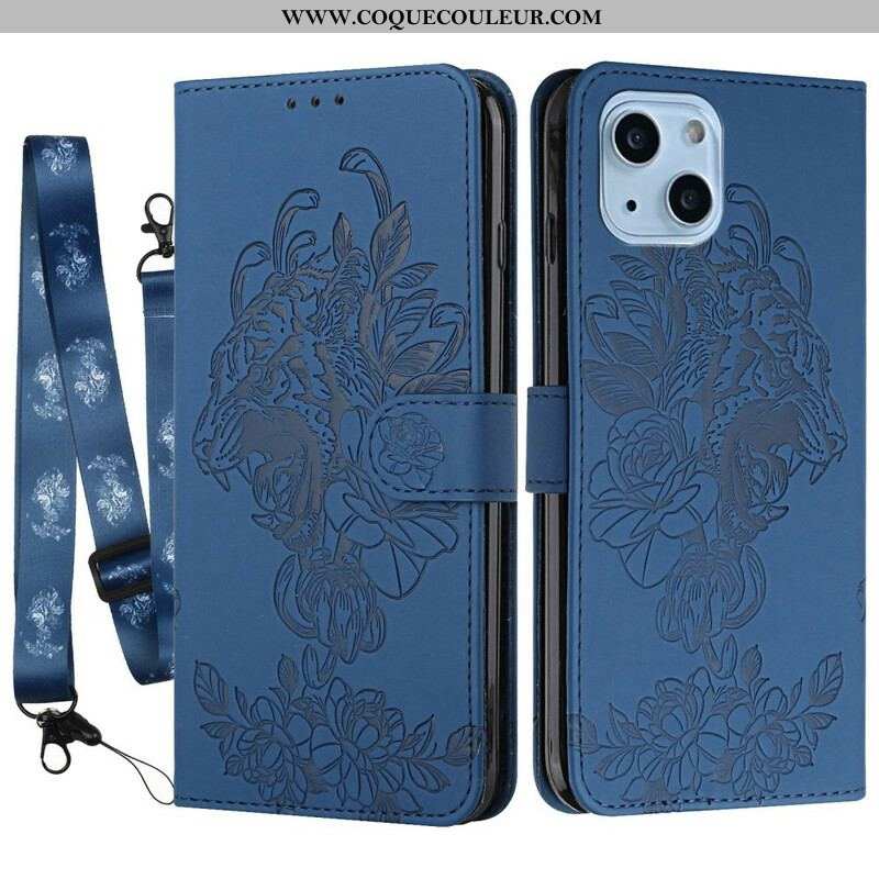 Housse iPhone 13 Mini Tigre Baroque à Lanière