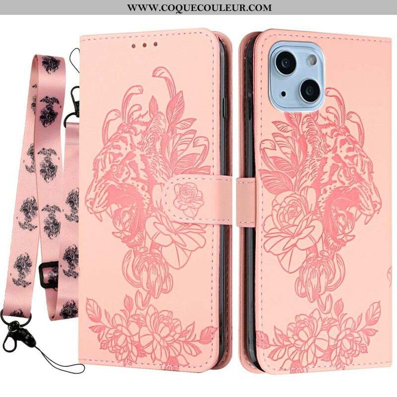 Housse iPhone 13 Mini Tigre Baroque à Lanière