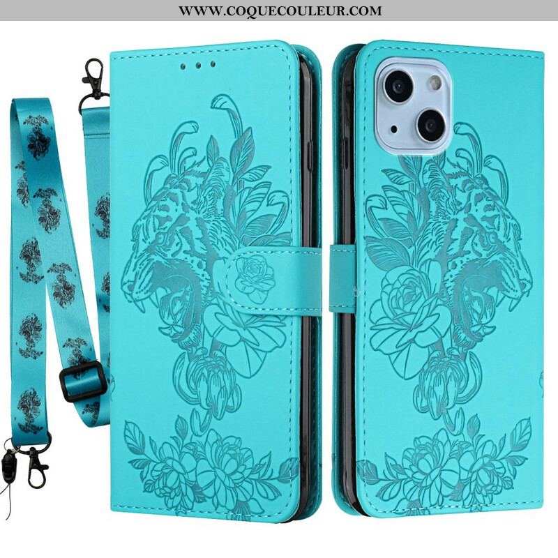 Housse iPhone 13 Mini Tigre Baroque à Lanière