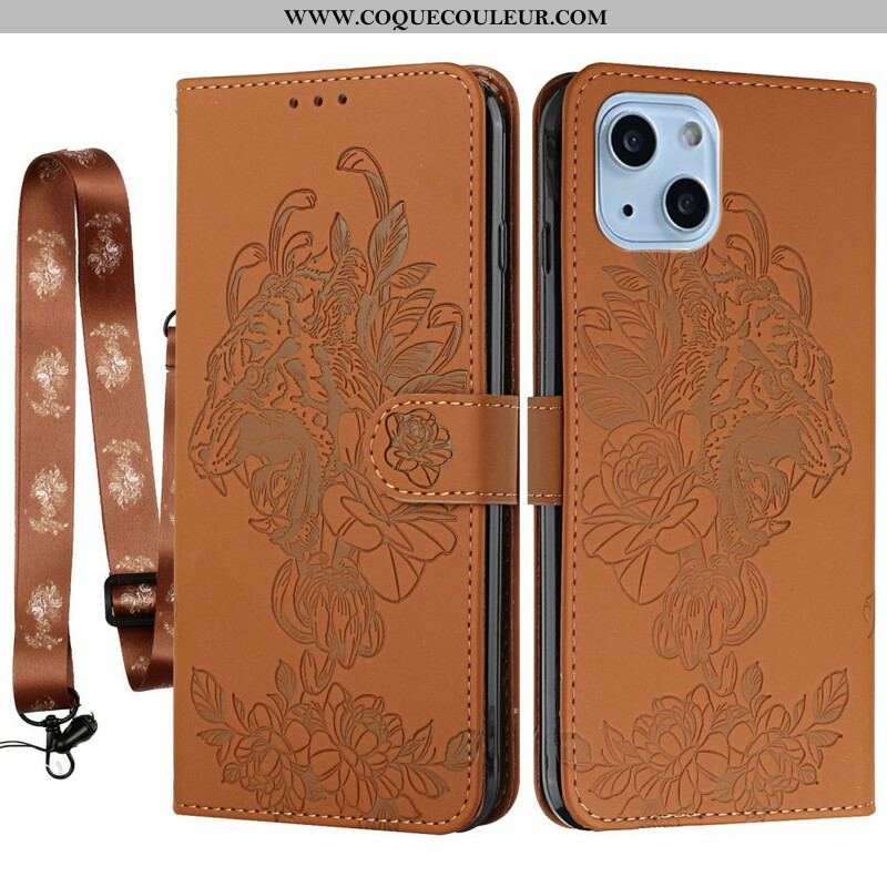 Housse iPhone 13 Mini Tigre Baroque à Lanière