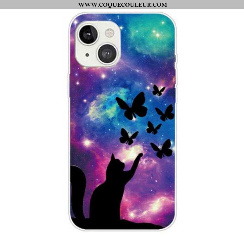 Coque iPhone 13 Mini Chat et Papillons Dans l'Espace