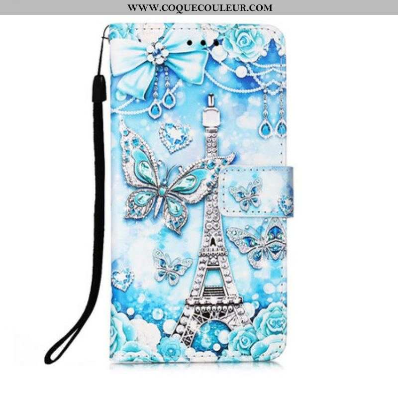 Housse iPhone 13 Mini Tour Eiffel Papillons à Lanière