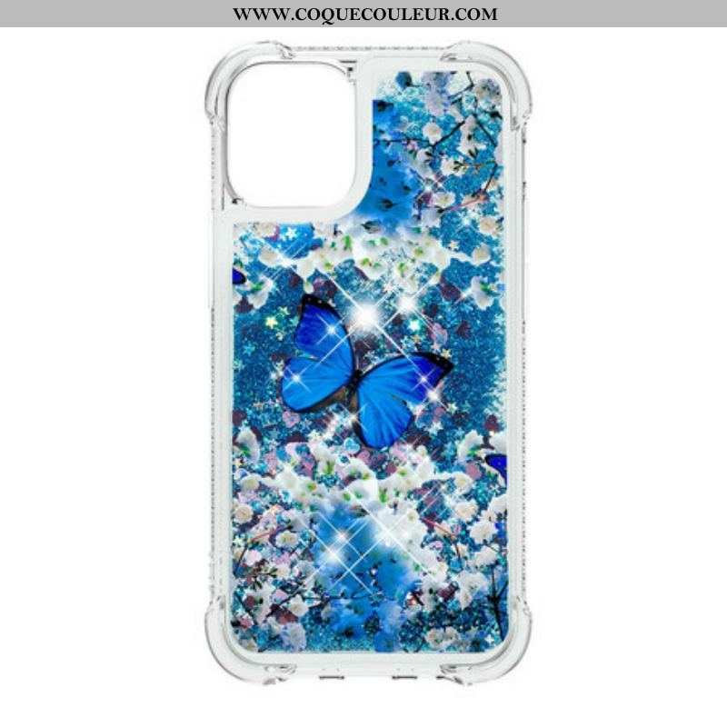 Coque iPhone 13 Mini Papillons Bleus Paillettes