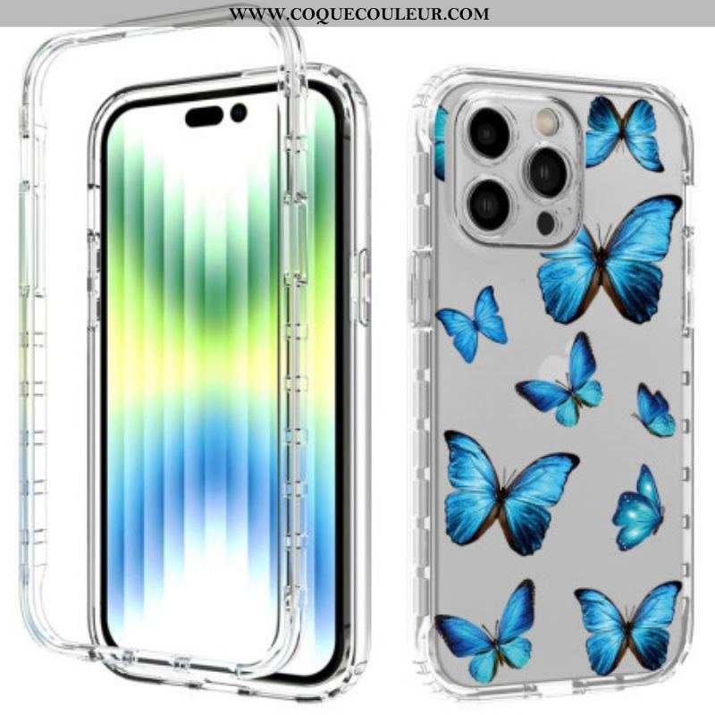 Coque iPhone 14 Pro Max Renforcée Papillons Bleus