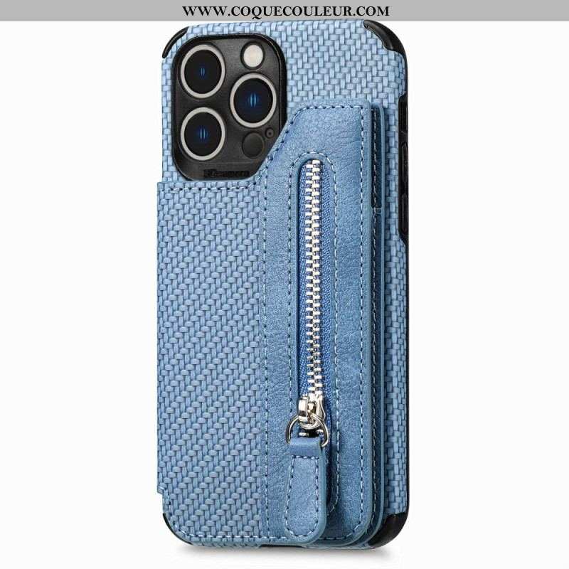 Coque iPhone 14 Pro Fibre Carbone Portefeuille et Support