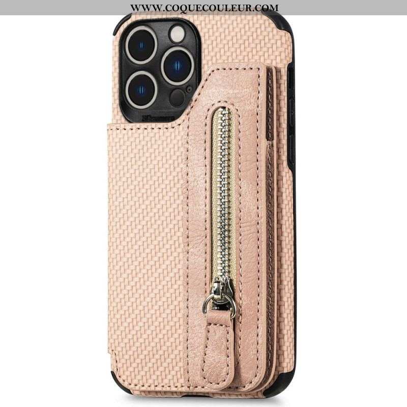 Coque iPhone 14 Pro Fibre Carbone Portefeuille et Support