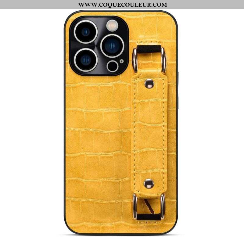 Coque iPhone 14 Pro Porte-Carte avec Sangle Support Croco