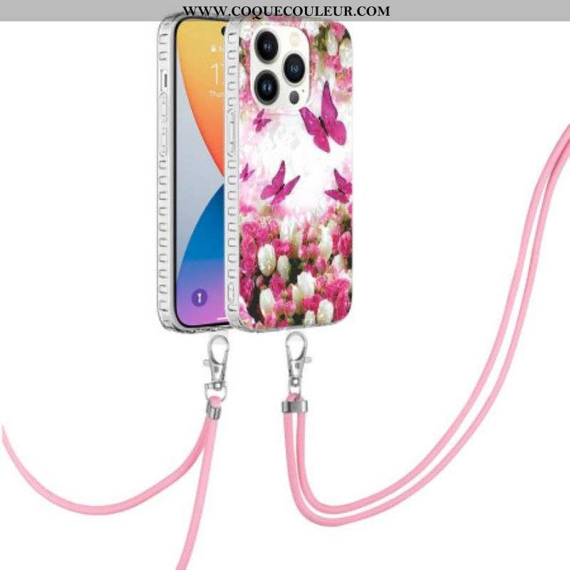 Coque iPhone 14 Pro à Cordon Papillons Stylés