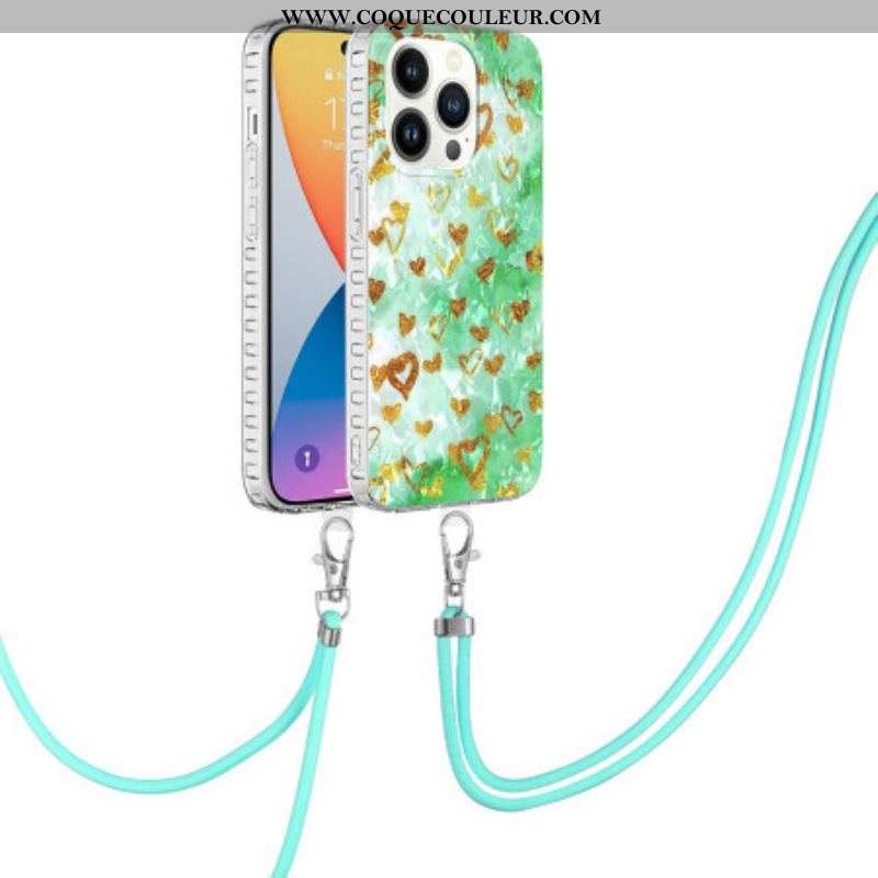 Coque iPhone 14 Pro à Cordon Coeurs Stylés